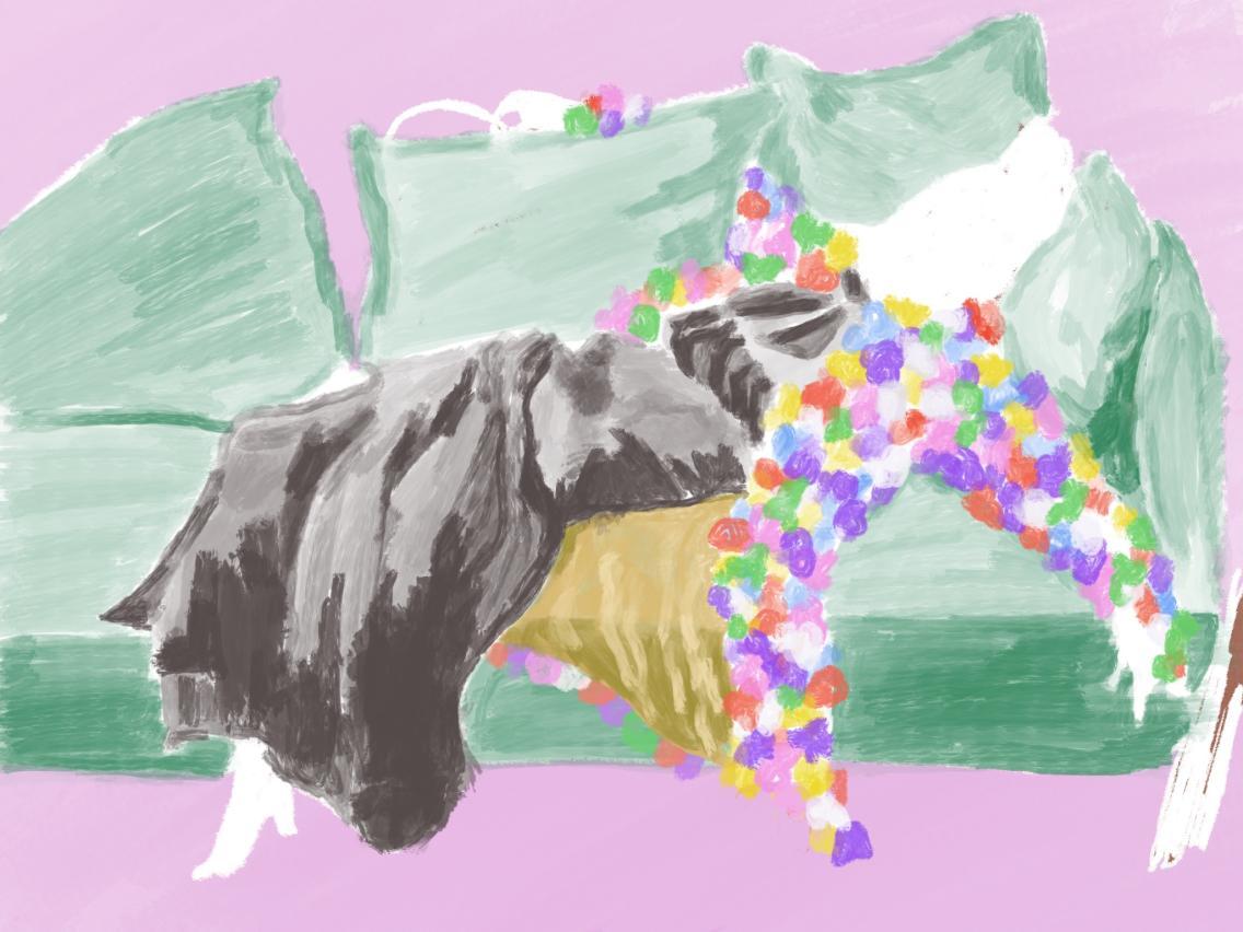 A digital painting, unfinished, of a person reclining on a sofa, wearing a coat covered with flowers.