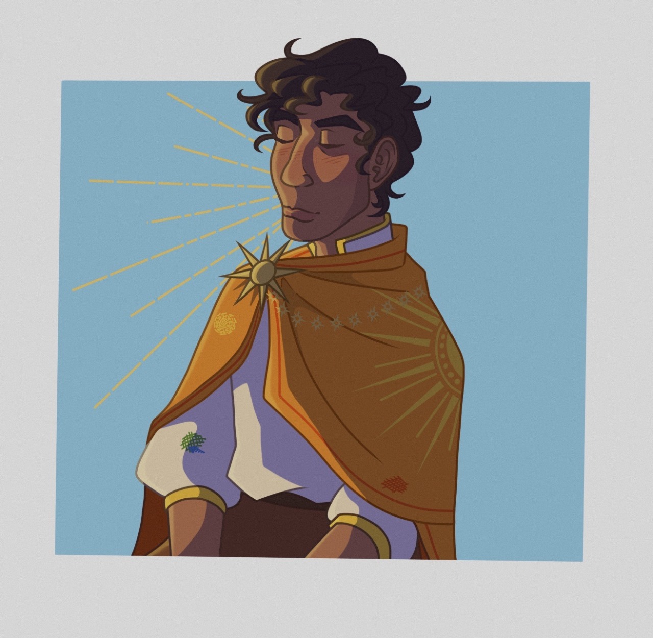 A digital painting of Kel, eyes closed, facing the sun.