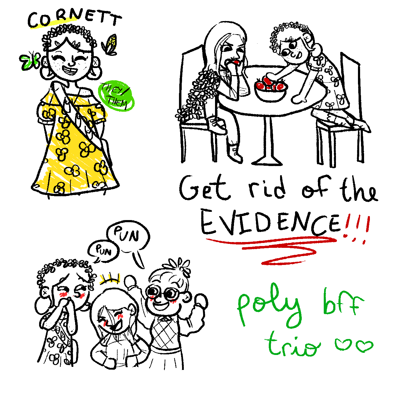 Drawings of the artist's OC with Aja and Rem. The artist's OC wears a cute dress and smiles in the first pic, eats tomatoes with Rem in the second pic, with the word 'get rid of the evidence!' written beneath. In the last image, they make puns with aja and rem, and the words 'poly bff trio' are written in green.