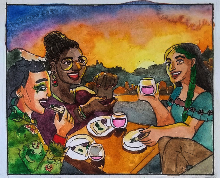 A watercolor painting of honeylemonbutte's OC, Vera, sitting with Aja and rem on a balcony at sunset. They're all eating pizza together and laughing.