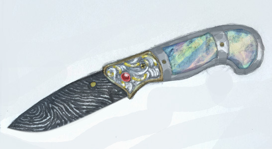 A drawing of a folding knife with a damascus steel blade and a mother of pearl handle.