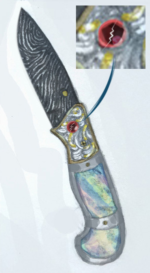 A closeup of the same knife, showing a gem in the handle with a struck through shield engraved.