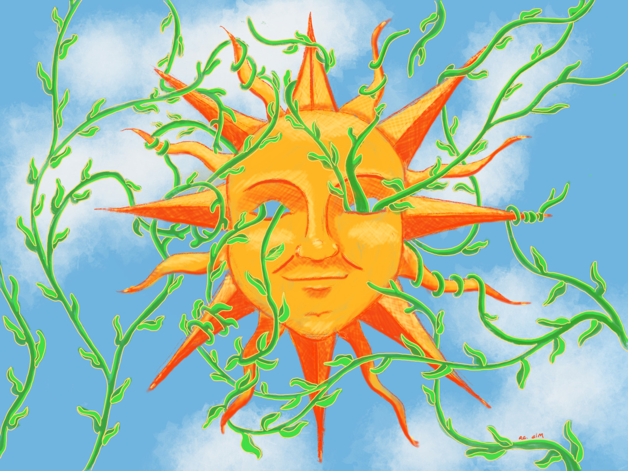 A golden sun mask is suspended against a blue sky. The mask is held aloft by magical vines, which wrap themselves around it.