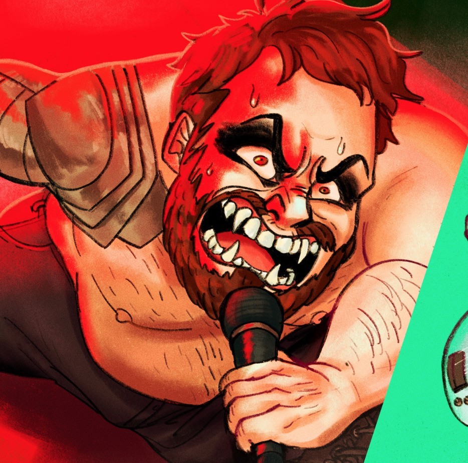 A digital painting of the character Luc. He is on stage, wearing dark punk eye makeup and screaming into a microphone.