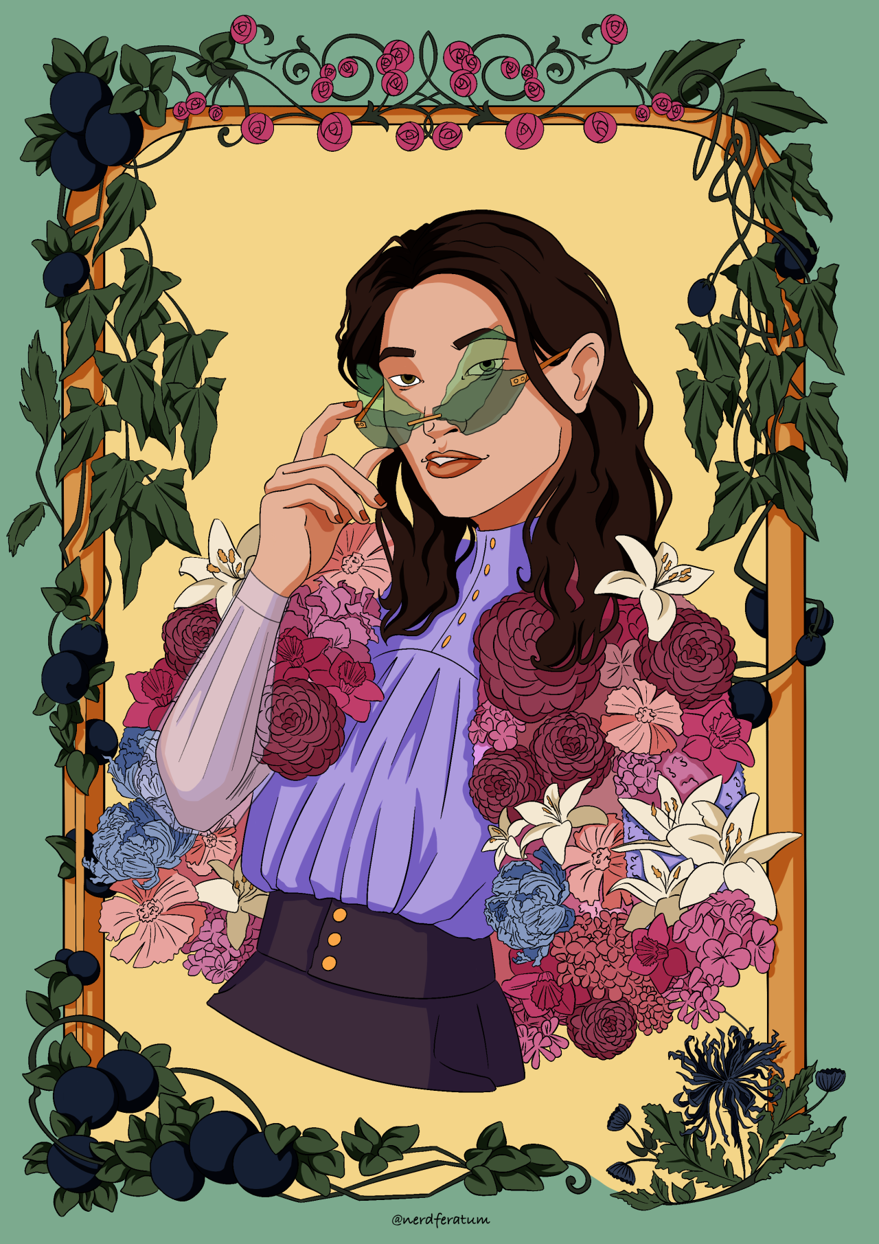 A digital illustration of the character Rem, wearing a coat draped over their shoulders made of living flowers.