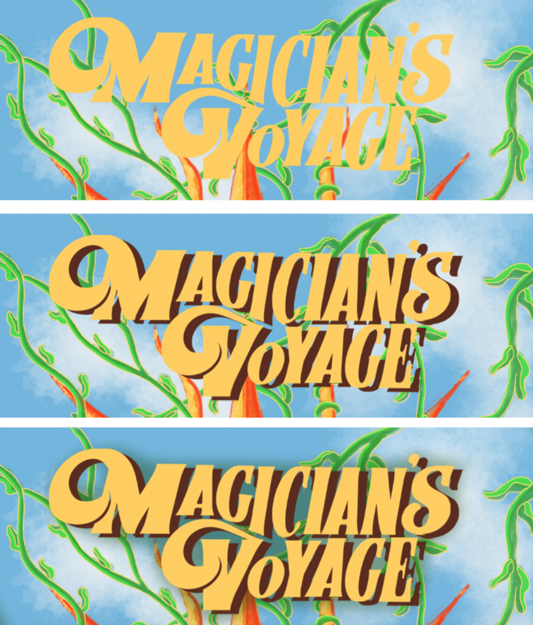 Three title cards from the game, Magician's Voyage, each progressively more finshed-looking than the previous one.'